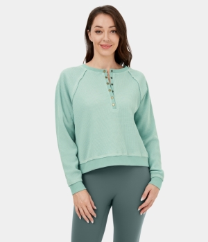 Halara Button Front Raglan Sleeve Casual Sweatshirt Women's Tops Lichen | GQJRWTZ-59