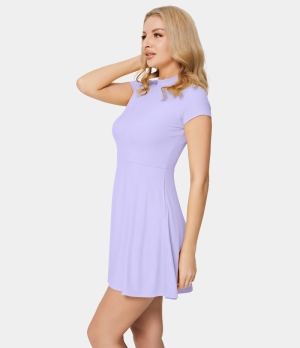 Halara Cap Sleeve Back Button Ribbed Knit Mini Flare Women's Dress Light Purple | 853914-KHU