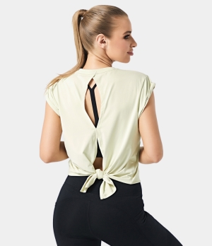 Halara Cap Sleeve Cut Out Split Hem Tie Back Sports Women's Tops Spring Green | ROPYTHJ-64
