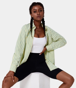 Halara Casual Collared Button Pocket Striped Color Block Shirt Women's Tops Milky Yellow | BXJHCPY-73