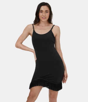 Halara Cloudful® Air Adjustable Strap Backless Asymmetric Fringe Hem Bodycon Mini Dance Women's Dress Black | 528136-AFU