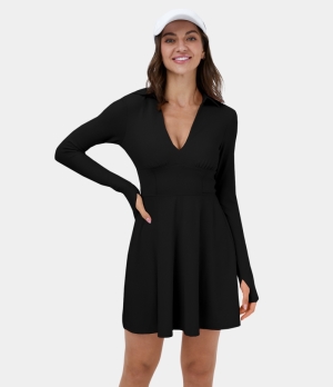 Halara Cloudful® Air Collared Deep V Neck Thumb Hole 2-Piece Golf-Golf Tee Pocket Women's Dress Black | 437092-TQS