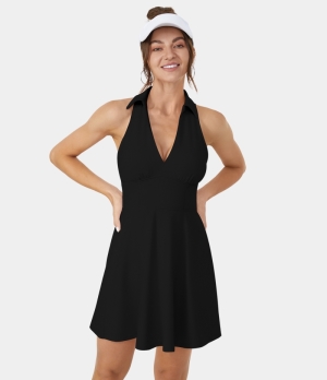 Halara Cloudful® Air Collared Deep V Neck Racerback 2-Piece Golf-Golf Tee Pocket Women's Dress Black | 504319-EWY