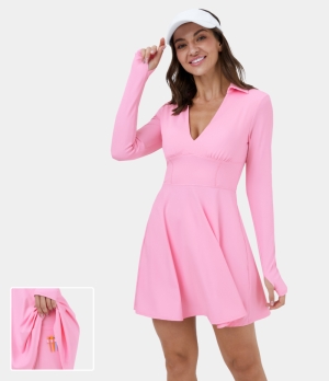Halara Cloudful® Air Collared Deep V Neck Thumb Hole 2-Piece Golf-Golf Tee Pocket Women's Dress Pink Frosting | 761504-YWQ