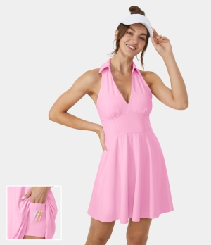 Halara Cloudful® Air Collared Deep V Neck Racerback 2-Piece Golf-Golf Tee Pocket Women's Dress Pink Frosting | 784120-JTG
