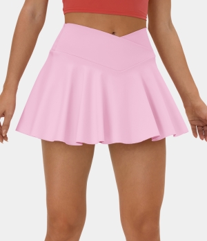Halara Cloudful® Air Comfy High Waisted Crossover 2-in-1 Side Pocket Flare Tennis Women's Skirts Pink Frosting | 640732-MFO