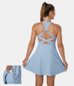 Halara Cloudful® Air Crisscross Cut Out Side Pocket 2-Piece Flare Tennis Women's Dress Angel Falls | 081259-NHX