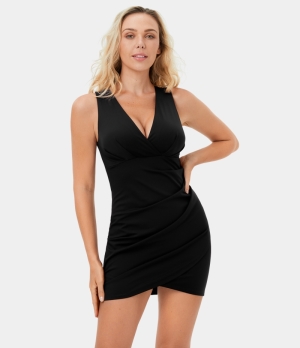 Halara Cloudful® Air Deep V Neck Ruched Crossover Hem Bodycon Mini Casual Women's Dress Black | 642738-HQI