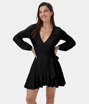 Halara Cloudful® Air Deep V Neck Wrapped Lace Up Ruffle Hem Mini Wrap Women's Dress Black | 437206-NPV