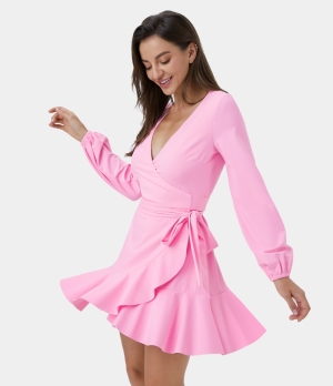 Halara Cloudful® Air Deep V Neck Wrapped Lace Up Ruffle Hem Mini Wrap Women's Dress Pink Frosting | 872536-GTS