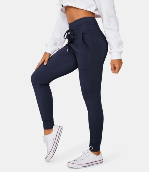 Halara Cloudful® Air High Waisted Drawstring Side Pocket Plain Full Length Women's Jogger Peacoat | 743986-FWT