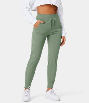 Halara Cloudful® Air High Waisted Drawstring Side Pocket Plain Full Length Women's Jogger Basil | 751634-QKP