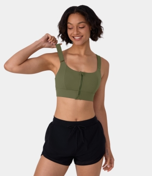 Halara Cloudful® Air Medium Support Zip Front Adjustable Straps Running Sports Bra Women's Tops Moss Green | UNGCVIE-96