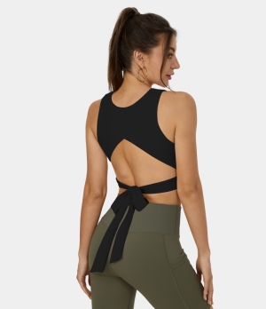 Halara Cloudful® Air Round Neck Tie Back Cut Out Cropped Yoga Tank Women's Tops Black | NZEHSBW-74