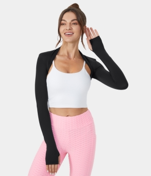 Halara Cloudful® Air Solid Thumb Hole Long Sleeve Cropped Golf Sports Women's Tops Black | HSKENQJ-01