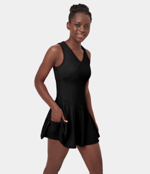 Halara Cloudful® Air V Neck Plain Flared 2-Piece Set Sports Women's Dress Black | 712569-AWS