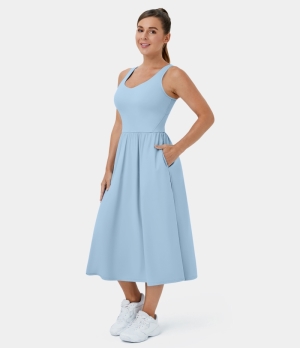 Halara Cloudful® Air V Neck Side Pocket Midi Casual Women's Dress Angel Falls | 629571-FIR