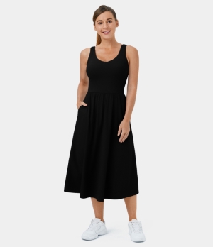 Halara Cloudful® Air V Neck Side Pocket Midi Casual Women's Dress Black | 809451-XCI