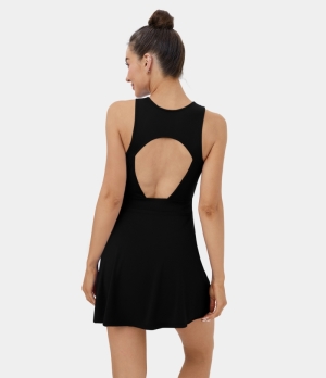 Halara Cloudful® Air Zip Front Cut Out 2-in-1 Lace Up Pocket Tennis Women's Dress Black | 214576-YJA