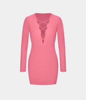 Halara Cloudful® Crisscross Lace Up Cut Out Bodycon Mini Casual Women's Dress Desert Rose | 279430-ONF