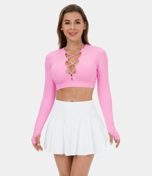 Halara Cloudful® Crisscross Lace Up Cut Out Thumb Hole Cropped Barre Ballet Dance Sports Women's Tops Pink Frosting | BMAYLPD-24