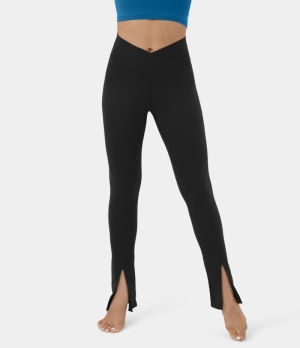 Halara Cloudful® Crossover Back Waistband Pocket Split Hem Yoga Women's Leggings Black | 769304-CGB