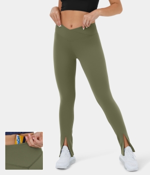 Halara Cloudful® Crossover Back Waistband Pocket Split Hem Yoga Women's Leggings Winter Moss | 928351-MFV