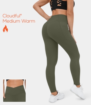 Halara Cloudful® Fleece Lined Crossover Side Pocket Yoga 7/8 Women's Leggings Winter Moss | 326504-JLI