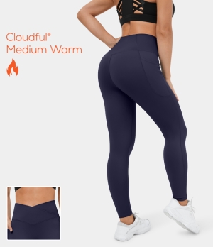 Halara Cloudful® Fleece Lined Crossover Side Pocket Yoga 7/8 Women's Leggings Peacoat | 428596-GMK