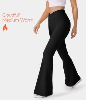 Halara Cloudful® Fleece Lined Crossover High Waisted Back Pocket Super Flare Women's Leggings Black | 683092-NIH