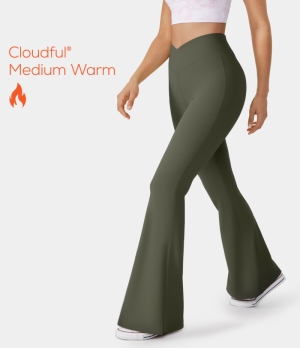 Halara Cloudful® Fleece Lined Crossover High Waisted Back Pocket Super Flare Women's Leggings Winter Moss | 708345-QKS
