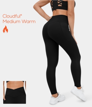 Halara Cloudful® Fleece Lined Crossover Side Pocket Yoga 7/8 Women's Leggings Black | 714059-MAQ