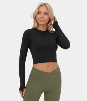 Halara Cloudful® Half Zip Long Sleeve Thumb Hole Cropped Golf Sports Women's Tops Black | QOWYEUK-06