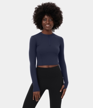 Halara Cloudful® Half Zip Long Sleeve Thumb Hole Cropped Golf Sports Women's Tops Peacoat | YUIRNQB-91