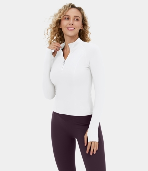 Halara Cloudful® Half Zip Thumb Hole Yoga Sports Women's Tops White | FWKEZGQ-69