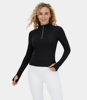 Halara Cloudful® Half Zip Thumb Hole Yoga Sports Women's Tops Black | KFBGRMQ-91