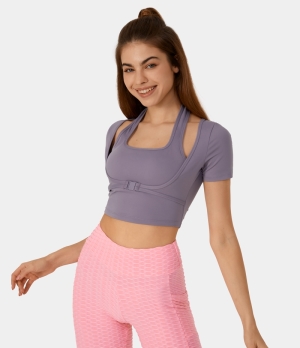 Halara Cloudful® Halter Short Sleeve Cropped 2-in-1 Yoga Sports Women's Tops Stardust Mauve | ERBLTQD-04