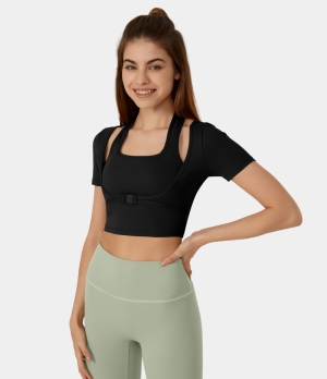 Halara Cloudful® Halter Short Sleeve Cropped 2-in-1 Yoga Sports Women's Tops Black | QAJNEXW-01