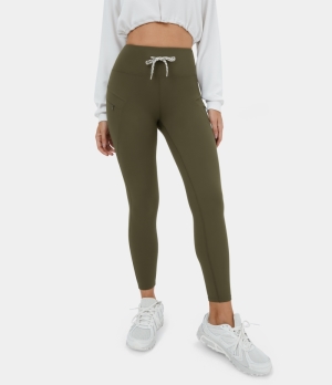 Halara Cloudful® High Waisted Drawstring Side Zip Pocket 7/8 Casual Women's Leggings Ivy Green | 072861-WTU