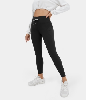 Halara Cloudful® High Waisted Drawstring Side Zip Pocket 7/8 Casual Women's Leggings Black | 930185-JFI
