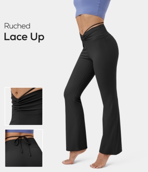 Halara Cloudful® High Waisted Ruched Lace Up Flare Yoga Women's Leggings Black | 510468-QJX