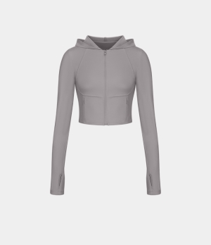 Halara Cloudful® Hooded Zipper Side Pocket Thumb Hole Cropped Casual Hoodie Sports Sweatshirt Women's Tops Gull Gray | DACQKBM-07