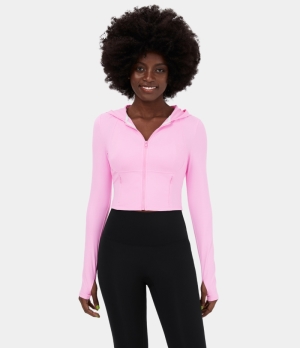 Halara Cloudful® Hooded Zipper Side Pocket Thumb Hole Cropped Casual Hoodie Sports Sweatshirt Women's Tops Pink Frosting | DHCKVRT-85