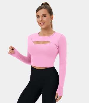 Halara Cloudful® Long Sleeve Thumb Hole Cut Out Cropped Dance Sports Women's Tops Pink Frosting | DZMXHFJ-34