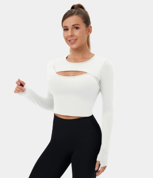 Halara Cloudful® Long Sleeve Thumb Hole Cut Out Cropped Dance Sports Women's Tops White | JLFIBXS-14