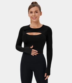 Halara Cloudful® Long Sleeve Thumb Hole Cut Out Cropped Dance Sports Women's Tops Black | KAELMQJ-50