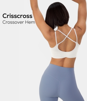 Halara Cloudful® Low Support Backless Crisscross Spaghetti Straps Crossover Hem Sports Bra Women's Tops White | GFEYZHU-29