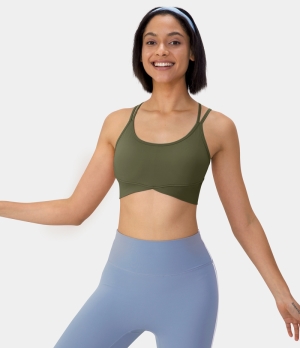 Halara Cloudful® Low Support Backless Crisscross Spaghetti Straps Crossover Hem Sports Bra Women's Tops Winter Moss | KXVETUI-64