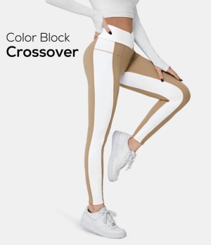 Halara Cloudful® Mid Rise Crossover Color Block Back Waistband Pocket Women's Leggings Cartouche | 965482-EID