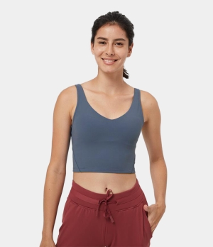 Halara Cloudful® Padded V Neck Cropped Yoga Tank Women's Tops Smoke Blue | FKDMOVG-84